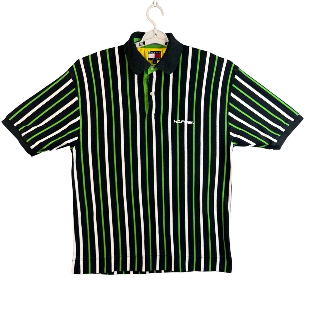Vintage Tommy Hilfiger Size L 6/6 Stripe Polo Shirt 90s Black Green Logo